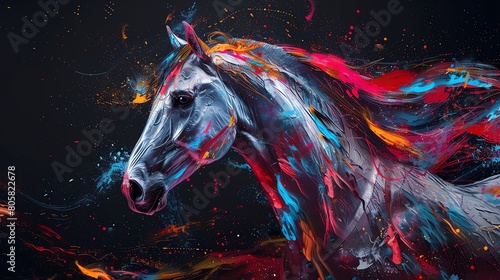A visually striking abstract portrait of a horse painted in a burst of vibrant colors against a dark background.