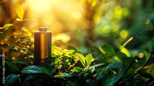 A glowing green battery sits in a lush sunlit forest