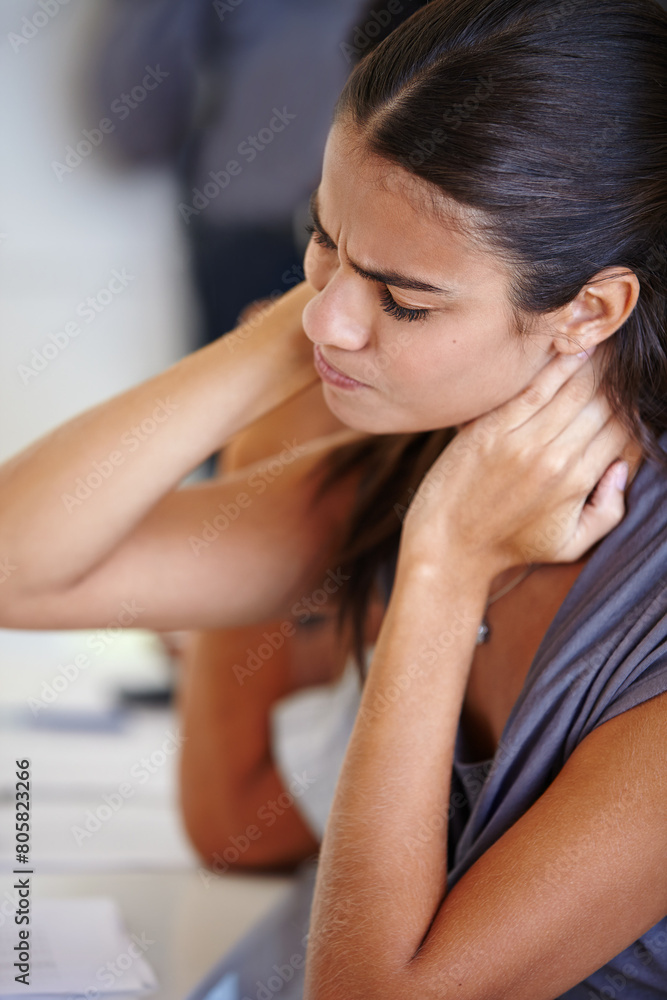 Neck pain, woman and office for profession, tired and angry for burnout in work or company. Young person, employee or editor and sad, stress or moody for employment and career in organisation Neck pain, woman and office for profession, tired and angry for burnout in work or company. Young person, employee or editor and sad, stress or moody for employment and career in organisation