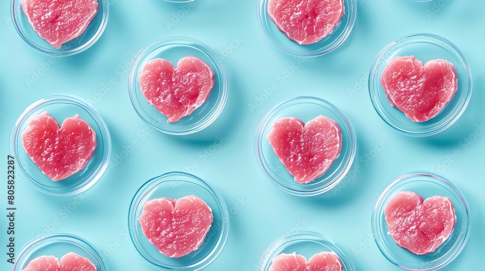 Pattern - lab-grown meat, cultured meat, lab petri dishes of heart shaped pork lay on solid light blue background, minimalist clean vector style illustration Pattern - lab-grown meat, cultured meat, lab petri dishes of heart shaped pork lay on solid light blue background, minimalist clean vector style illustration