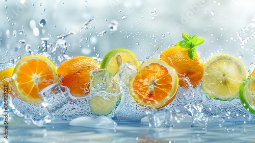 A variety of citrus fruits and ice cubes with water splashing around them.