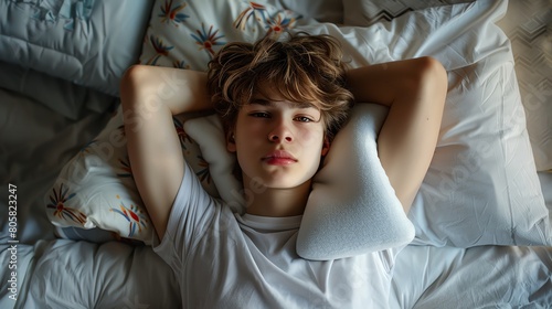A young boy with light brown hair and light blue eyes is lying in bed with his hands behind his head © pprothien