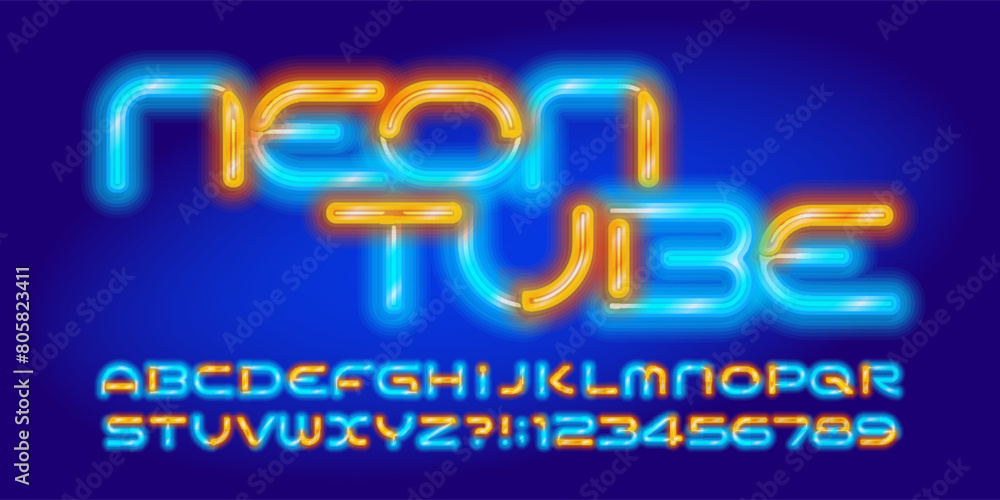 Neon Tube alphabet font. Two neon color futuristic letters and numbers. Stock vector typescript for your design. Neon Tube alphabet font. Two neon color futuristic letters and numbers. Stock vector typescript for your design.