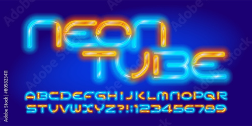 Neon Tube alphabet font. Two neon color futuristic letters and numbers. Stock vector typescript for your design.