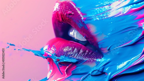 Closeup of woman's lips with bright blue and pink paint splatter photo