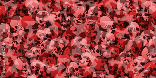 Skulls camo abstract seamless pattern. Camouflage in red color. Military vector background for your design.