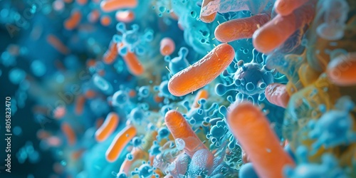 A 3-dimensional image featuring diverse strains of beneficial bacteria, including Lactobacilli, Bifidobacteria, Enterococci, and Streptococci.
