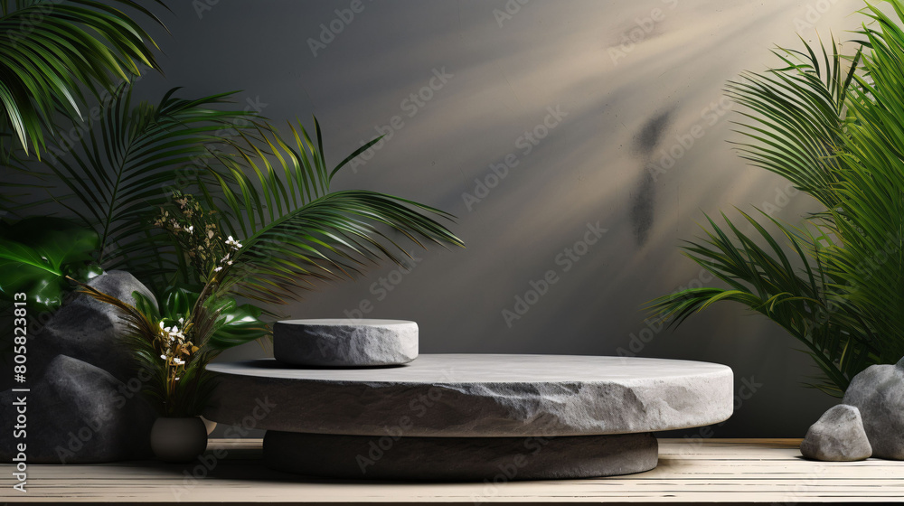 Models of stones and plants forming product podium, cosmetic display, 3d rendering Models of stones and plants forming product podium, cosmetic display, 3d rendering