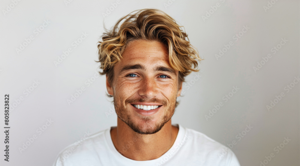 A man with a beard and blonde hair is smiling and wearing a white shirt A man with a beard and blonde hair is smiling and wearing a white shirt