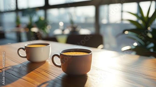 Close up cups of coffee or tea on the table in the office in the background. AI generated image hyper realistic  photo