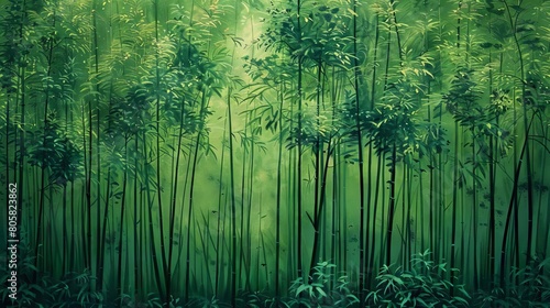 A bamboo forest entirely in shades of emerald green  showcasing the intricate details of leaves and stalks