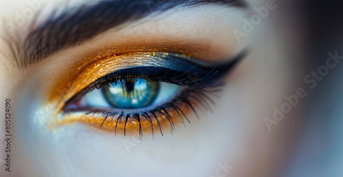 A woman's eye with a blue iris and orange eye shadow photo