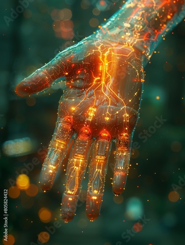 Create a surreal digital artwork featuring a bichromatic albumen design overlaid with futuristic arm cyber enhancements photo