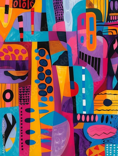 Create an abstract representation of Cuscuz Brasileiro using vibrant colors and geometric shapes