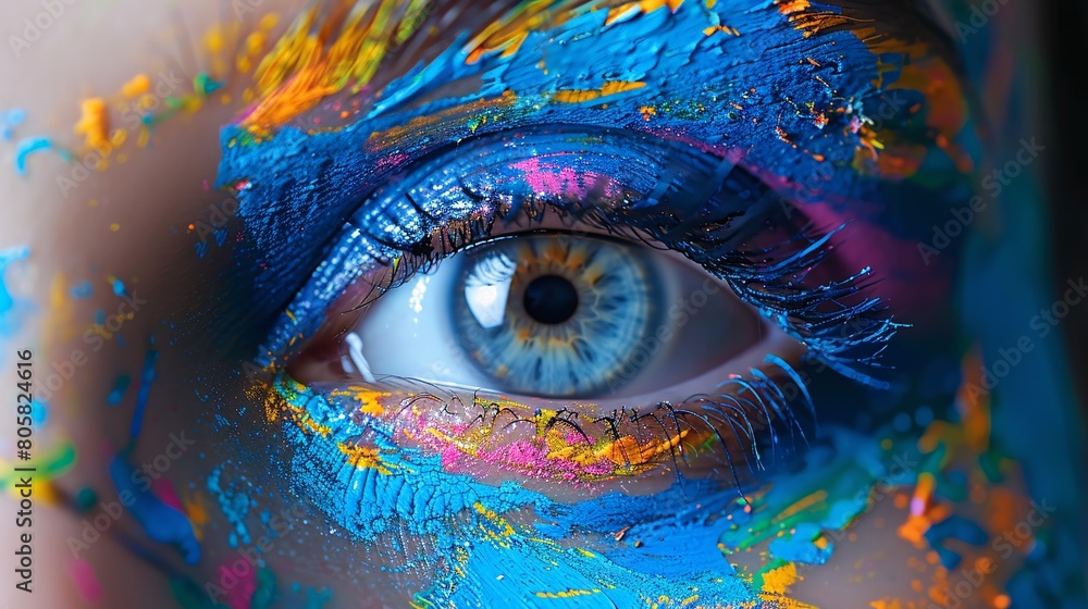 Macro shot of woman's eye with vibrant colorful makeup, inspired by the Holi festival.