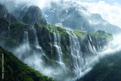 Picturesque mountainsides adorned with sparkling cascades