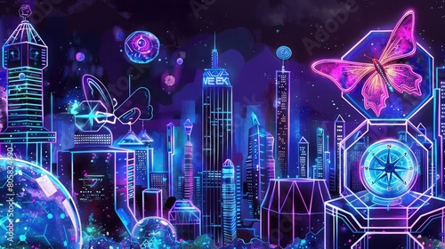 Urban nightscape with luminous liquid orbs, hexagon buildings, a neon butterfly, and a brightly colored compass. photo