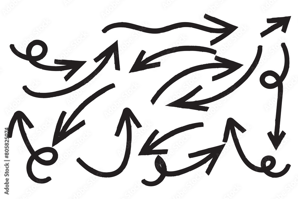 Hand drawn ink pen arrows vector set. various Freehand scribble curved lines, swirl arrows and direction pointers collection