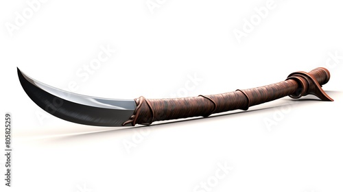 Artistic 3D rendering of an ancient katana, featuring a traditional wrapped handle and a curved, sharp blade, isolated on a white background, ideal for martial arts themes or colle photo