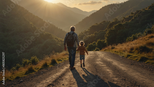 Father walking with his son r along a quiet mountain road as the sun rises