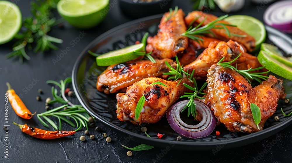 Citrus-infused chicken wings with aromatic herbs and caramelized onions, served on a sleek, dark dish against a rich backdrop. Citrus-infused chicken wings with aromatic herbs and caramelized onions, served on a sleek, dark dish against a rich backdrop.