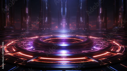 Abstract neon matrix technological stage, cyberpunk future 3D concept illustration © lin