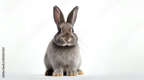 Charming image of a small grey rabbit with lop ears, looking curiously at the camera, its delicate features highlighted against a stark white background, ideal for pet care adverti