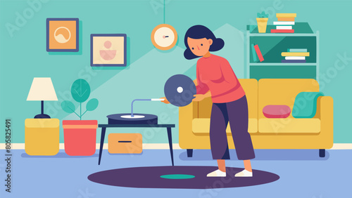 In a cozy living room a middleaged woman carefully sprays a record with a cleaning solution before wiping it down with a microfiber cloth. Vector illustration