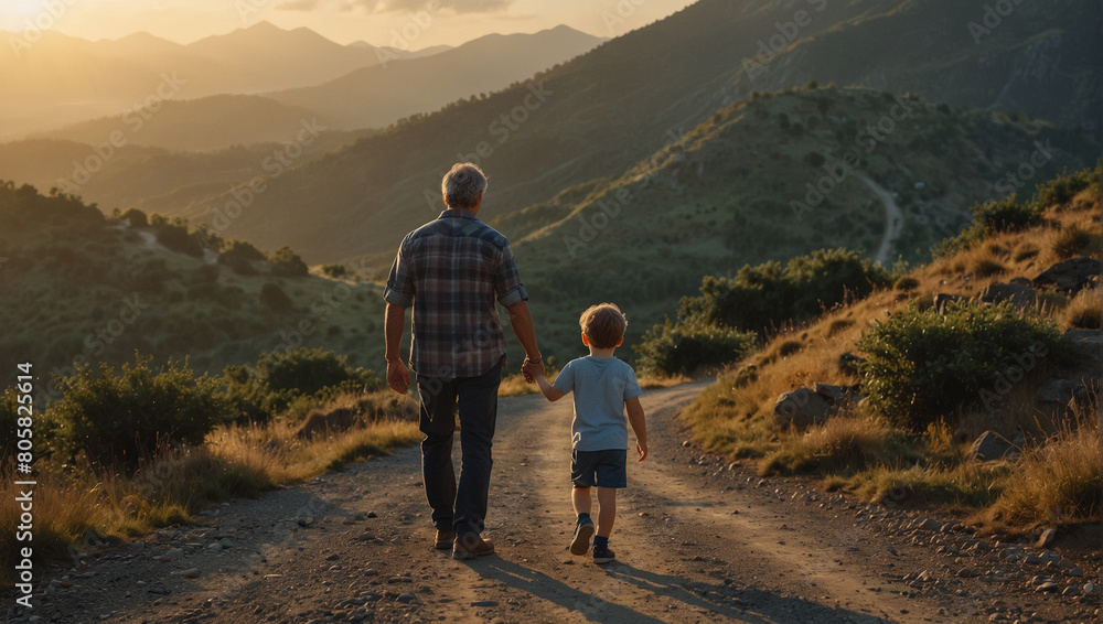 Obraz premium Father walking with his son r along a quiet mountain road as the sun rises