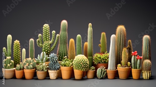 Creative representation of a columnar cactus group, featuring several types standing together in varying heights, isolated on a white background to demonstrate diversity within des