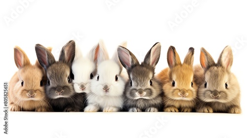 Cute depiction of a group of baby rabbits  various colors and breeds  snuggled together  creating a heartwarming scene  isolated on a white background perfect for greeting cards or