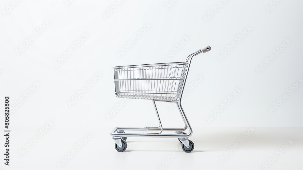 Elegant and simple photo of a new-age shopping trolley with ergonomic handles and a modern aesthetic, set against a white background, perfect for a contemporary retail setting. Elegant and simple photo of a new-age shopping trolley with ergonomic handles and a modern aesthetic, set against a white background, perfect for a contemporary retail setting.