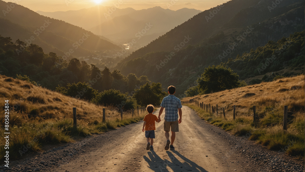 Father walking with his son r along a quiet mountain road as the sun rises