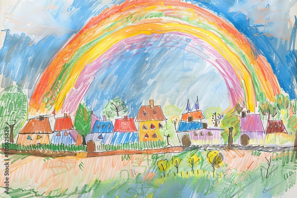 A childs drawing of a pastel rainbow over a peaceful village, brimming with innocence and warmth
