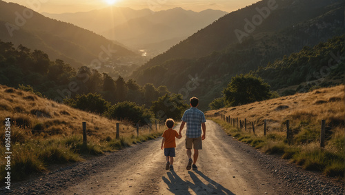 Father walking with his son r along a quiet mountain road as the sun rises