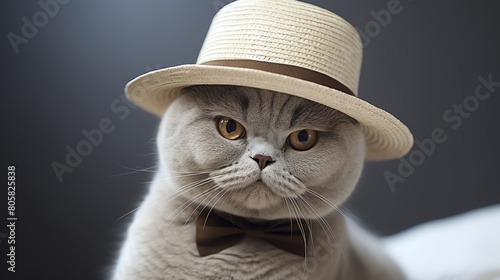 Endearing photo of a British Shorthair cat wearing a tiny bow tie  its round face and calm demeanor showcased against a pure white background  exuding charm and elegance.