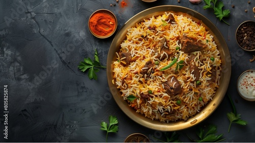 Mutton Biryani served in a golden dish isolated on dark background side view indian food top down view