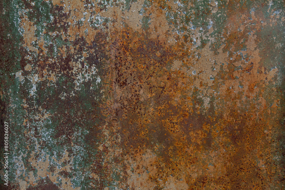 The texture of the metal surface with rust and paint residues.