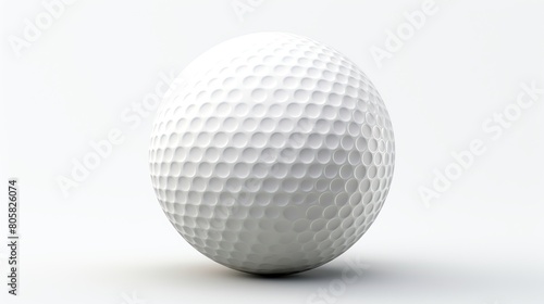 Minimalist image of a single golf ball with distinct dimples, centered and sharply focused, isolated on a pure white background, ideal for sports equipment advertising.
