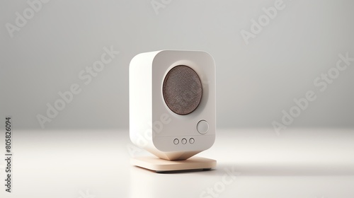 Minimalist image of a small desktop loudspeaker, designed for computer setups, showing subtle design elements and smooth contours, isolated on a white background for tech product c
