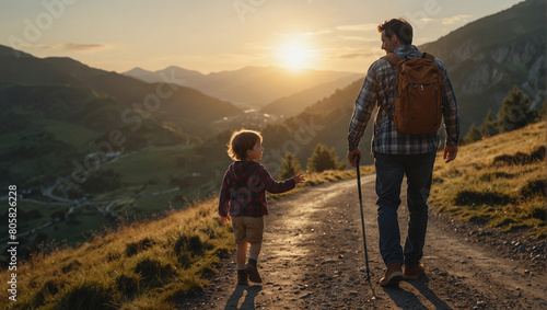 Father walking with his son r along a quiet mountain road as the sun rises