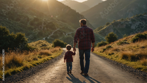 Father walking with his son r along a quiet mountain road as the sun rises photo
