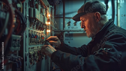 Man performing electrical repair at a switchboard with fuses. hyper realistic 