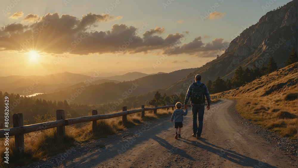 Father walking with his son r along a quiet mountain road as the sun rises