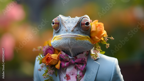 suave chameleon in a designer suit, accessorized with a silk tie and cufflinks photo