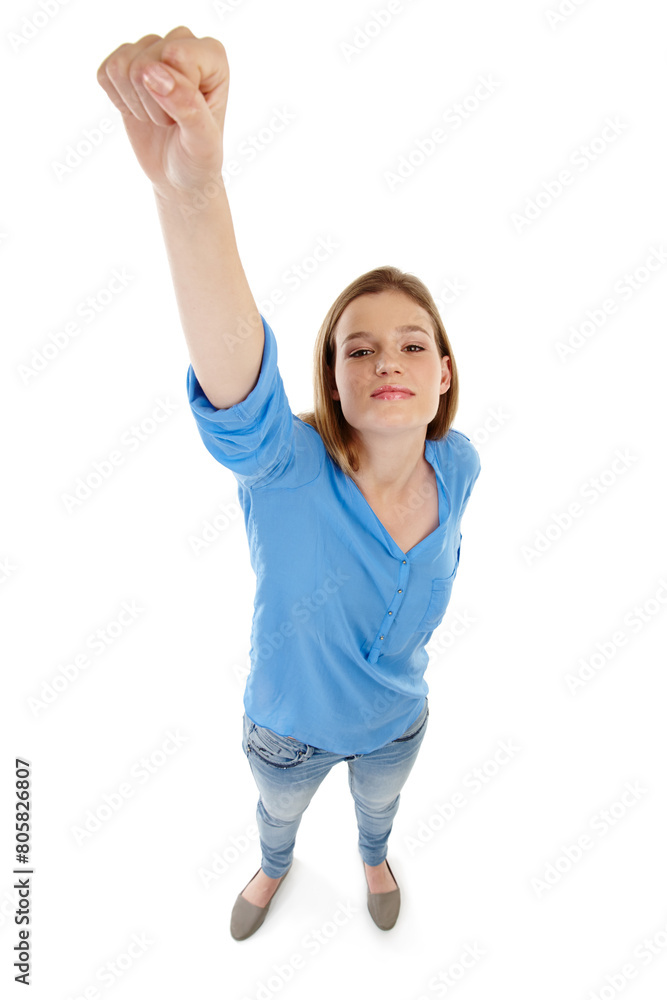 Fototapeta premium Woman, fist and power or success in studio confidence, empower and superhero pose for learning energy. Portrait of student or winner in top view with yes, victory and soaring on a white background