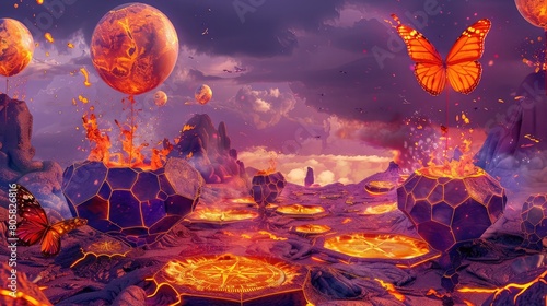 Volcanic scene with lava-like liquids, hexagonal basalt rocks, fiery butterfly, volcanic compass, and fiery watercolor balloons.