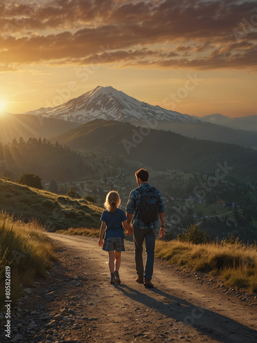 Father walking with his son r along a quiet mountain road as the sun rises