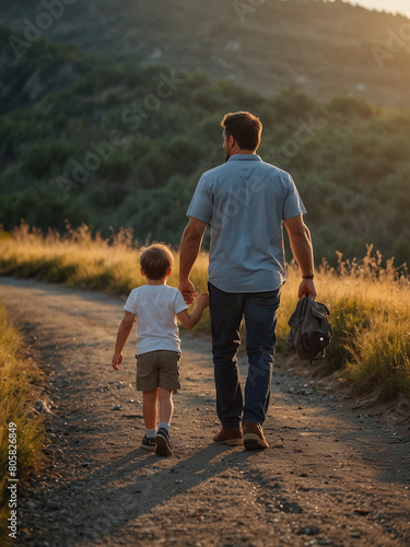 Father walking with his son r along a quiet mountain road as the sun rises