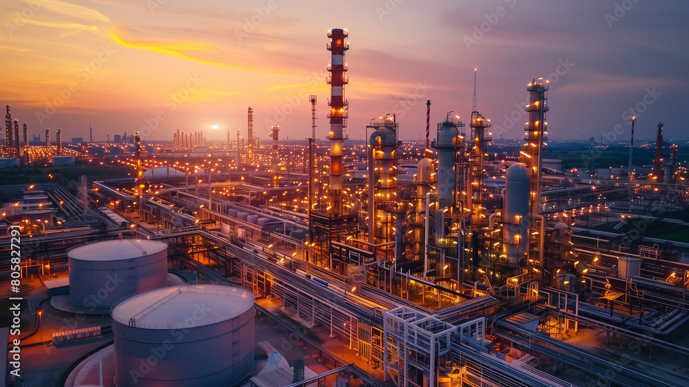 Fototapeta premium the sprawling complexity of a chemical plant at twilight, highlighting the interplay of artificial light with the fading natural light of sunset